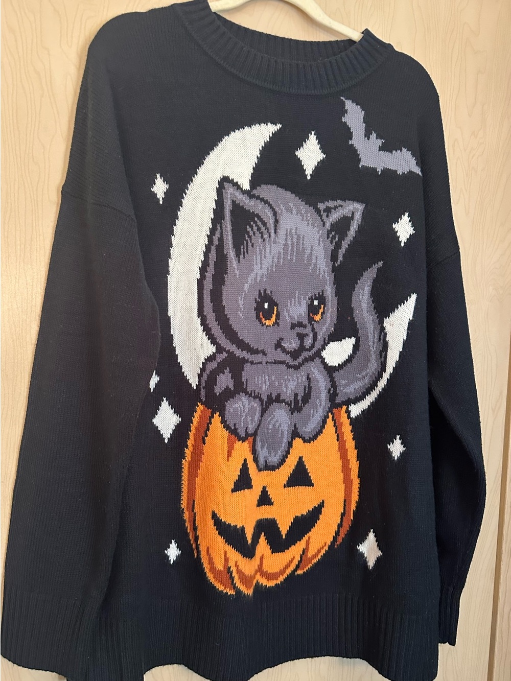 Black Halloween Cat Pumpkin Knit Sweater for Women - Picture 2 of 7